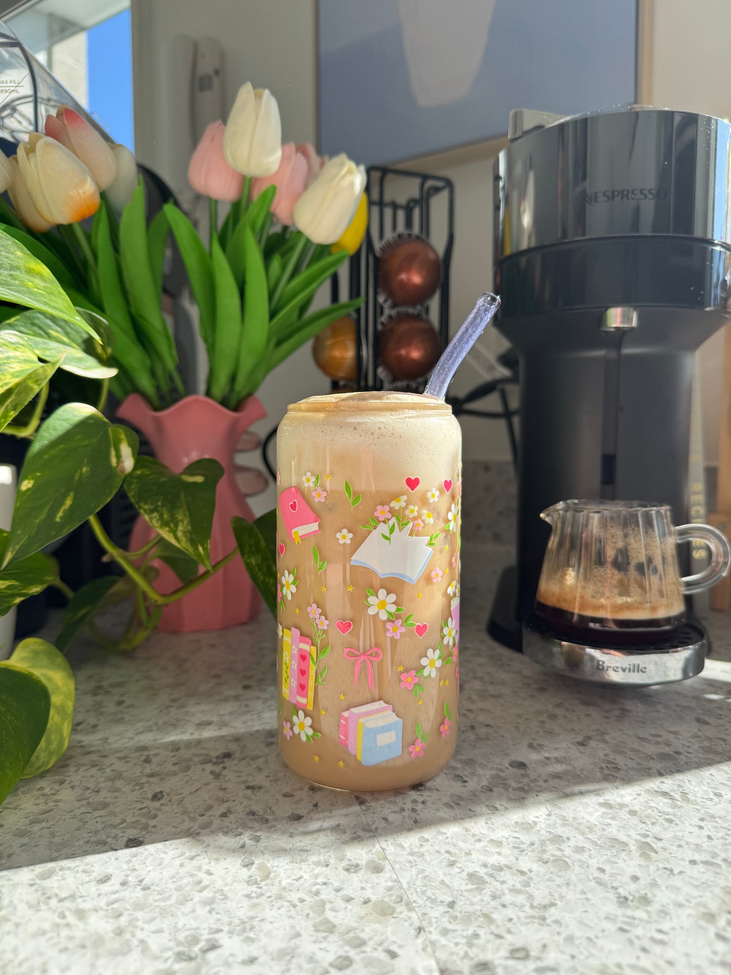 Bookish Florals Glass Cup - 500mls