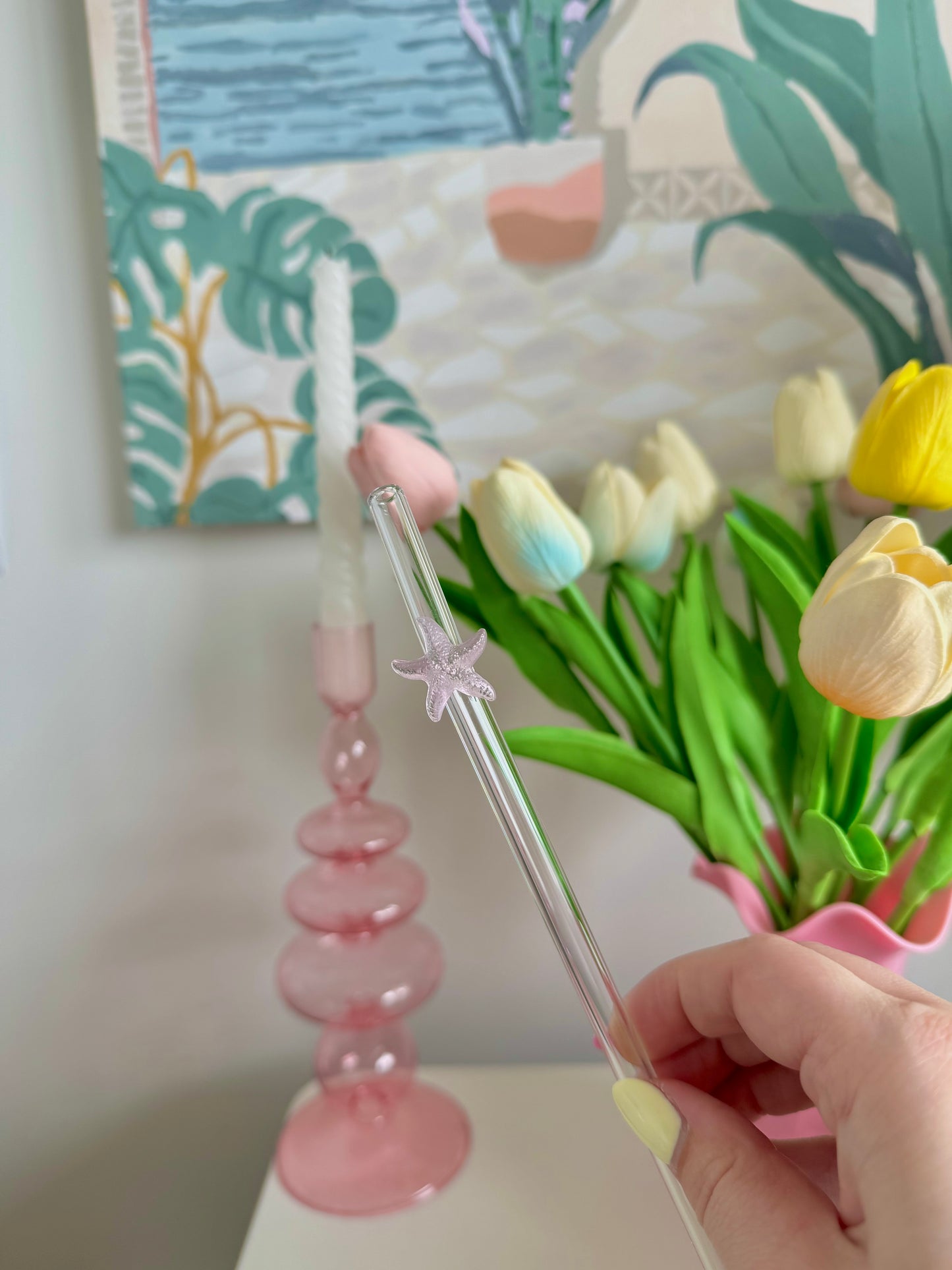 Pink Starfish Bent Glass Straw