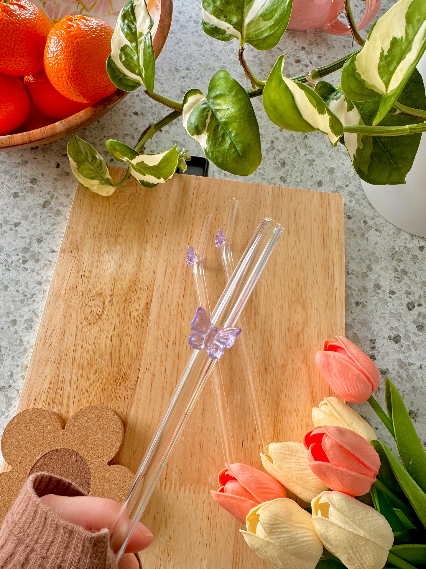 Purple Butterfly Glass Straw