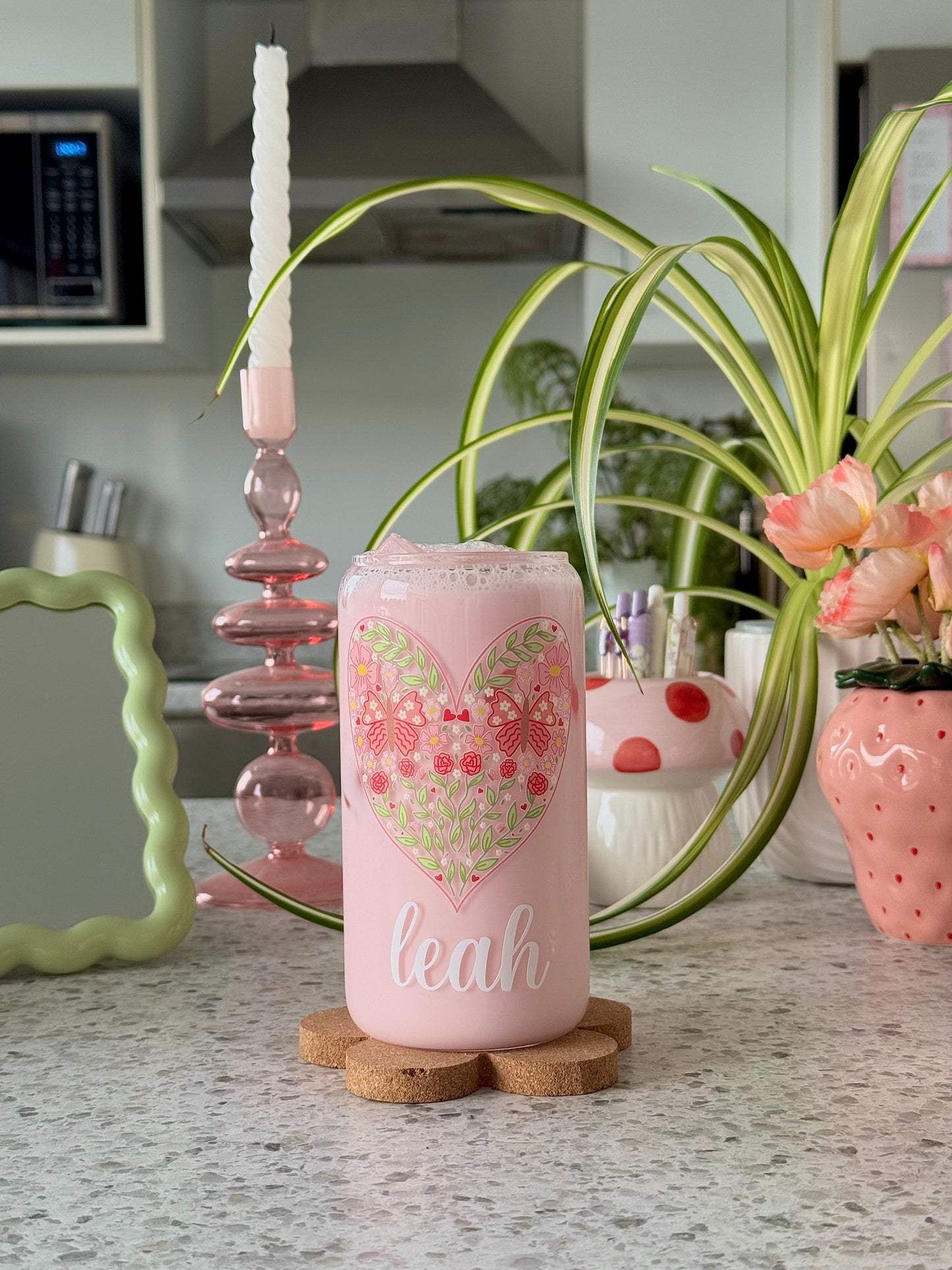 Floral Hearts Custom Glass Cup - 500ml