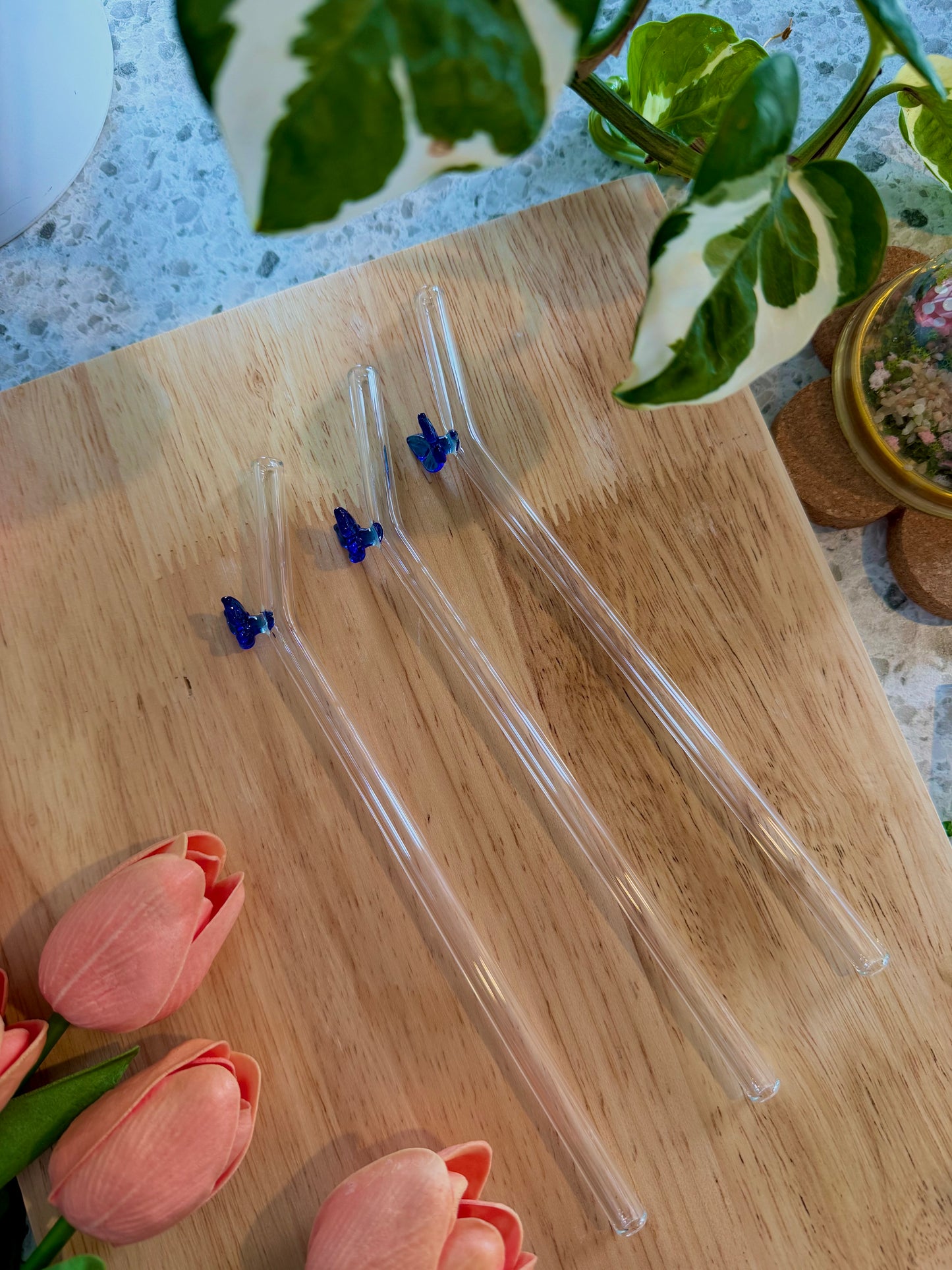 Blue Butterfly Glass Straw