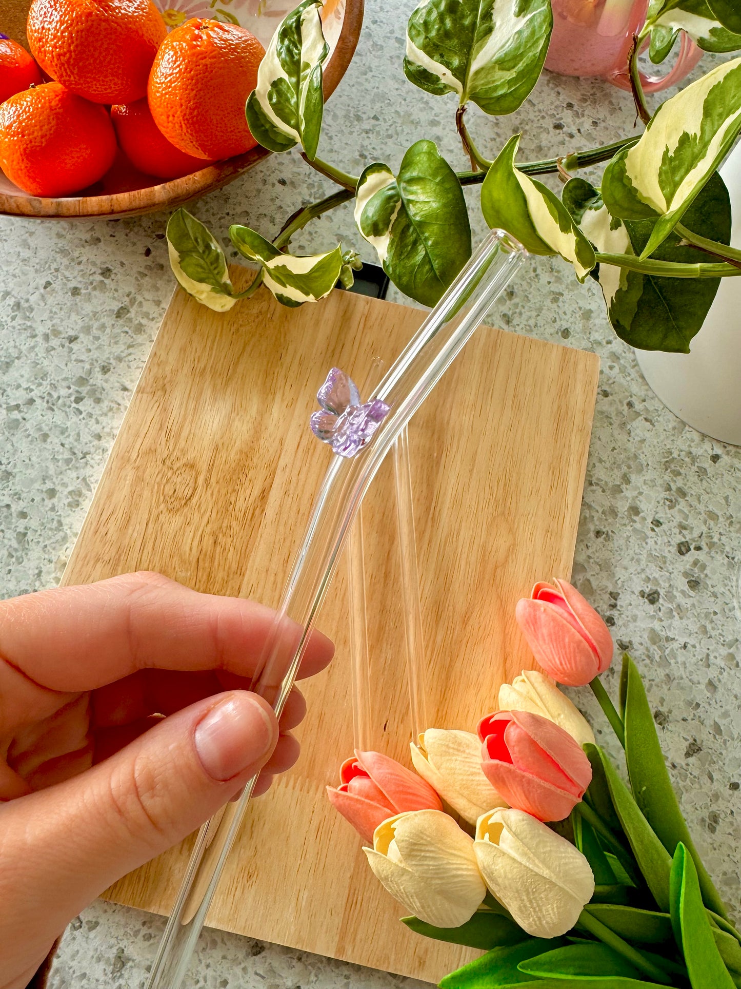 Purple Butterfly Glass Straw