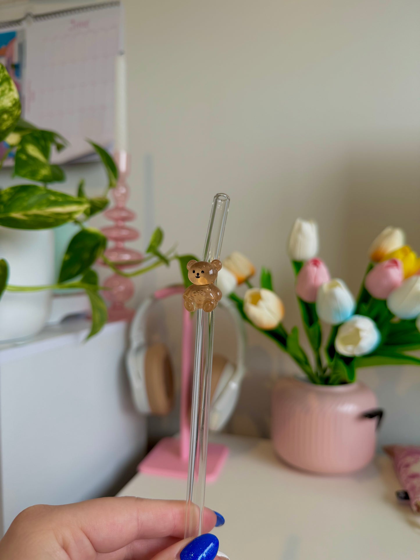 Brown Teddy Glass Straw