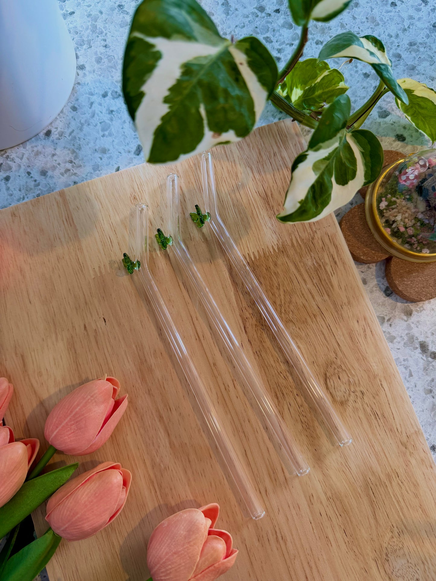 Green Butterfly Glass Straw