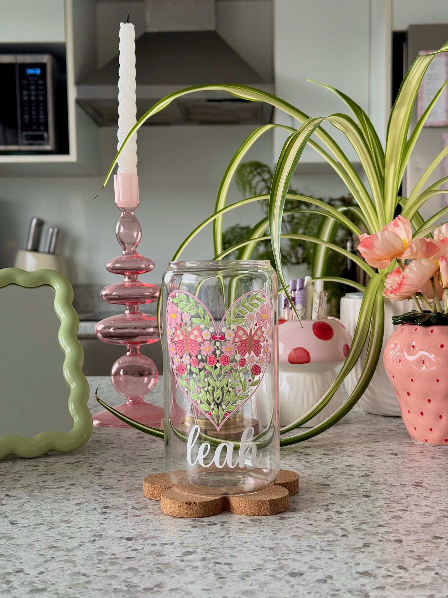 Floral Hearts Custom Glass Cup - 500ml