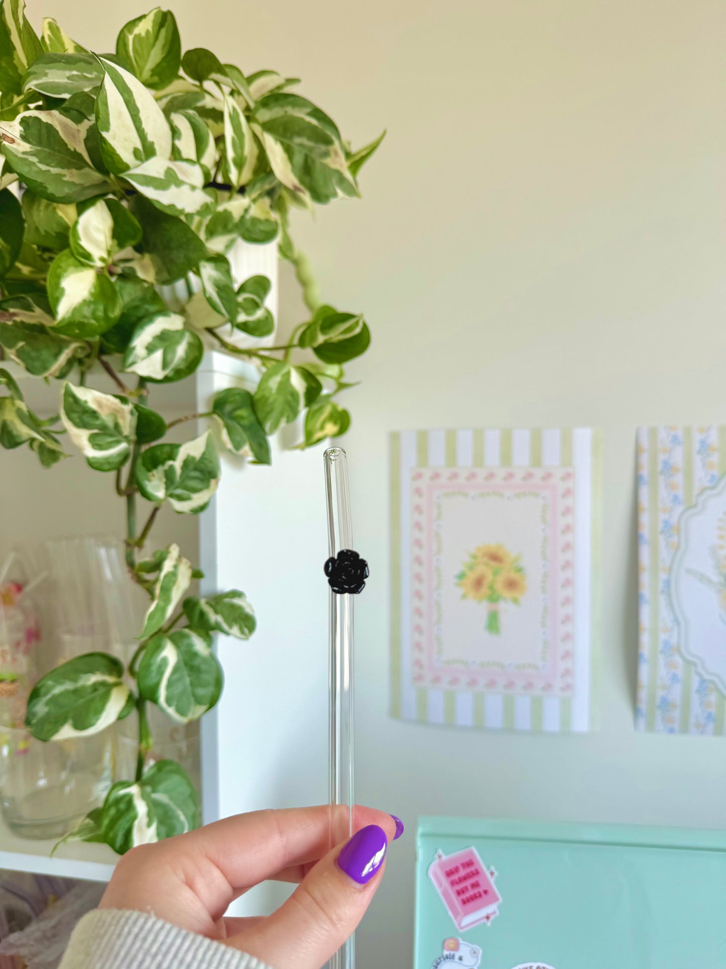 Black Rose Glass Straw