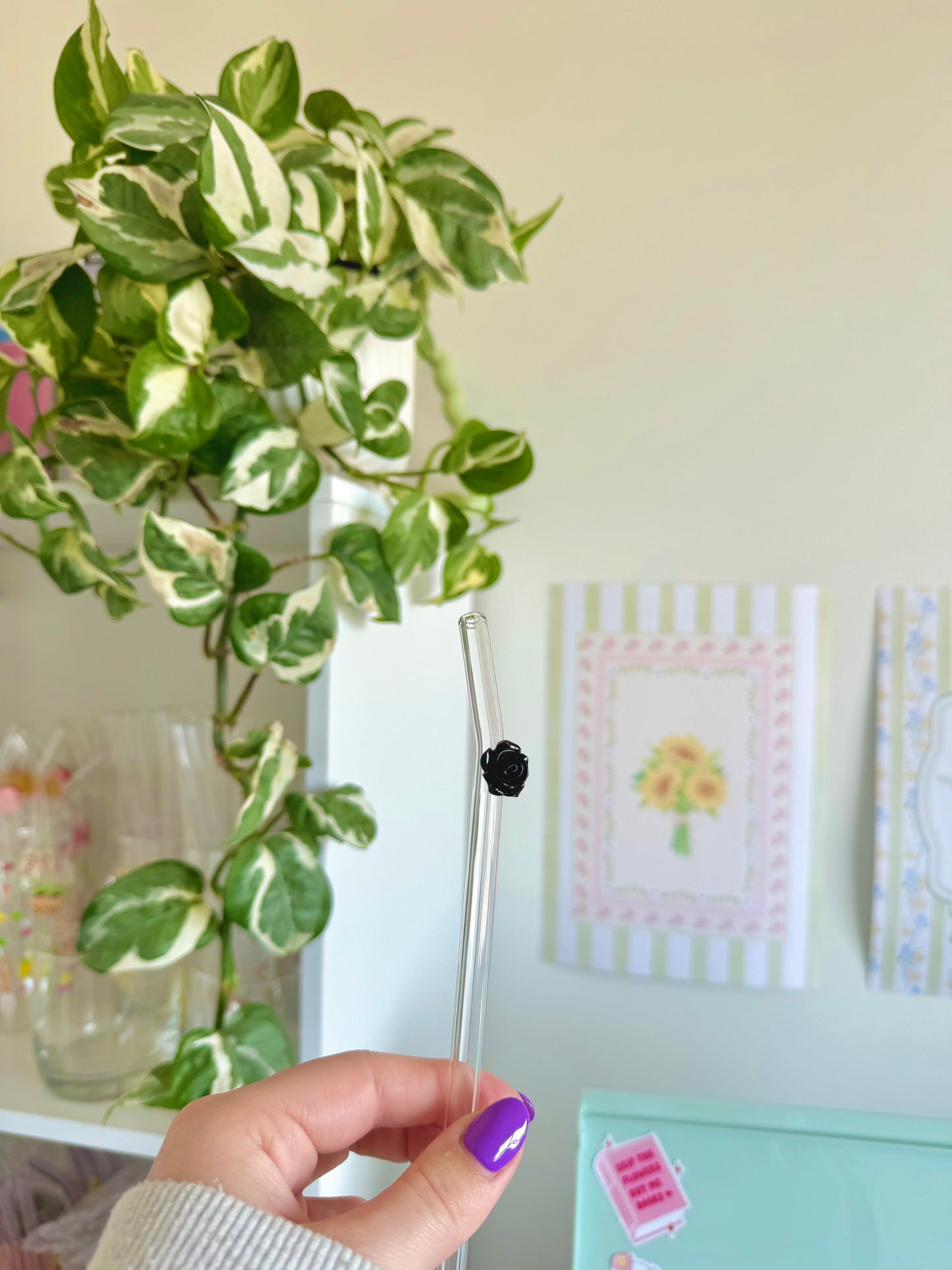 Black Rose Glass Straw