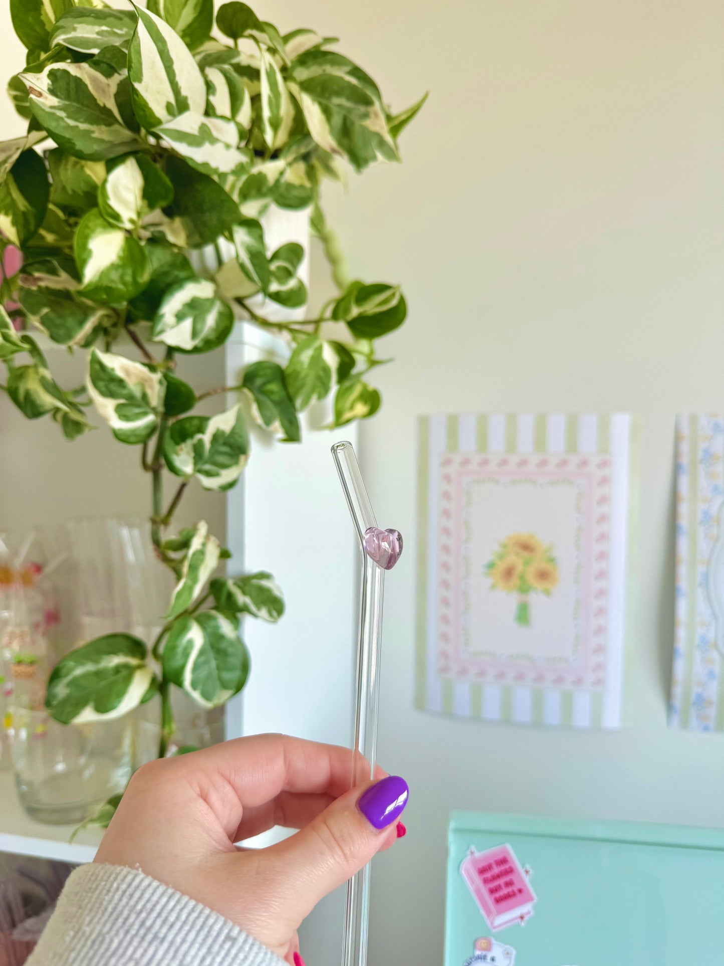 Pink Heart Glass Straw