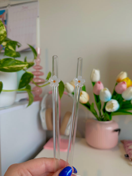 White Flower Glass Straw