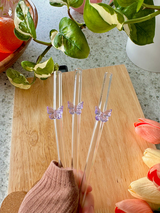 Purple Butterfly Glass Straw