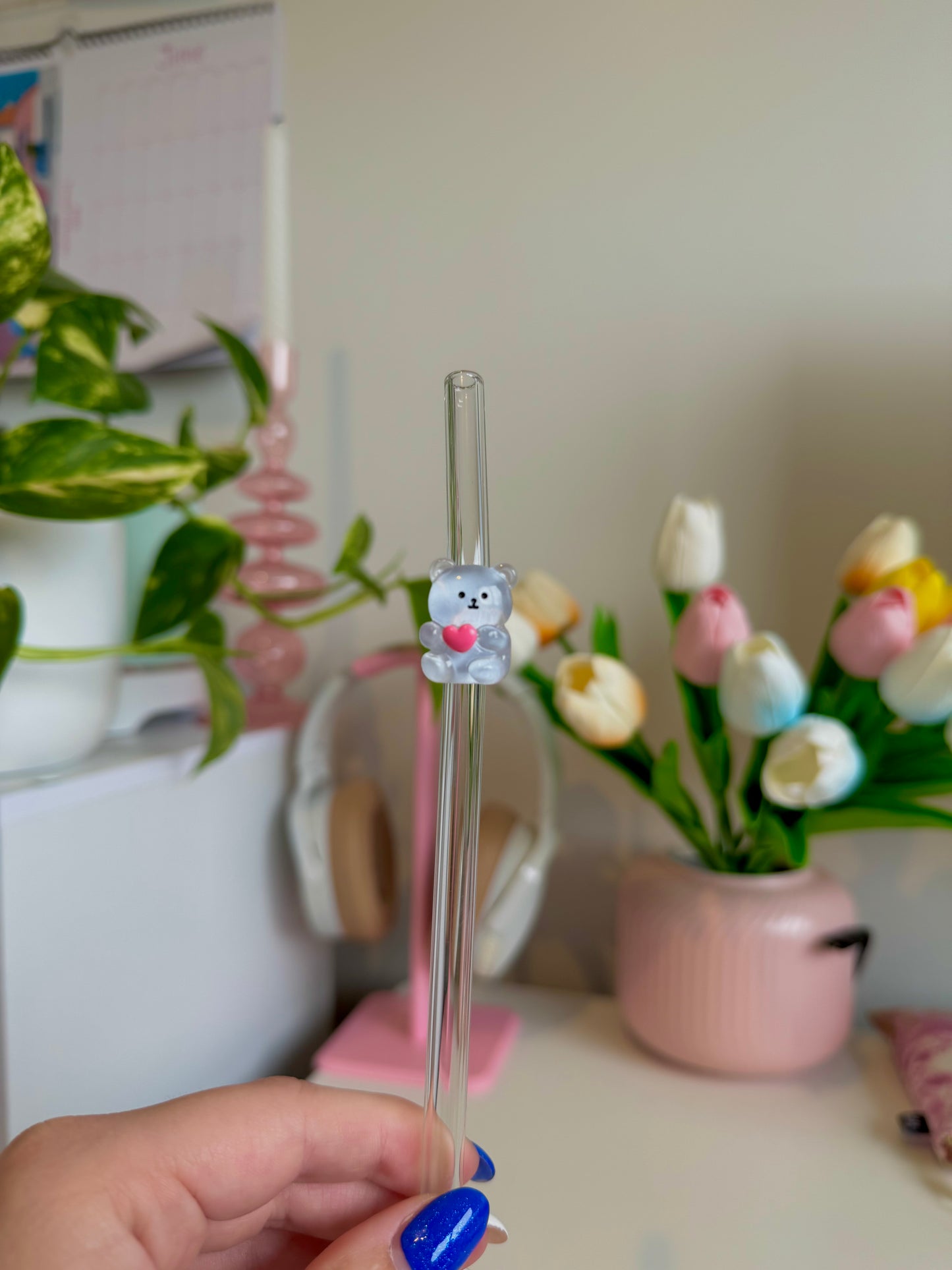 Blue Teddy Glass Straw
