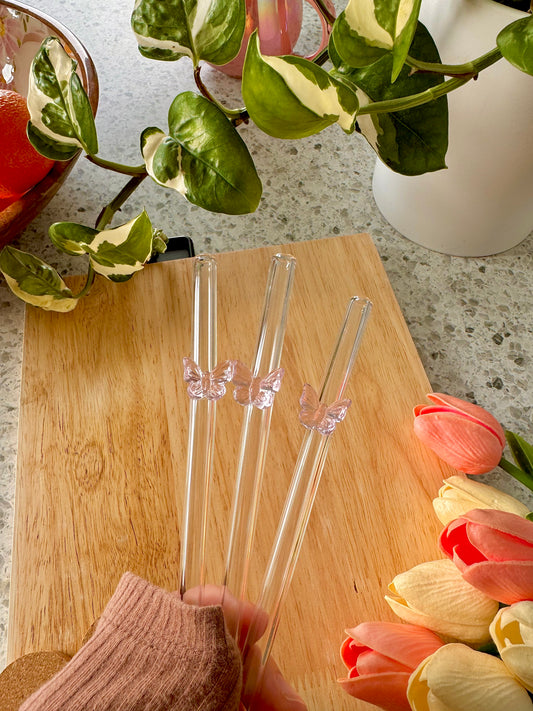 Pink Butterfly Glass Straw