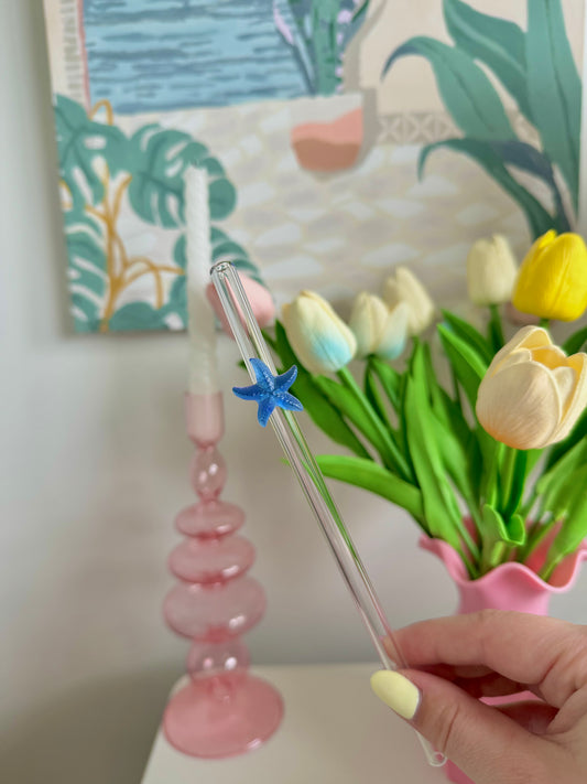 Blue Starfish Bent Glass Straw